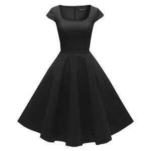 Womens Med Retro Vintage Style Black Swing Dress Party Cocktail Cap Sleeve